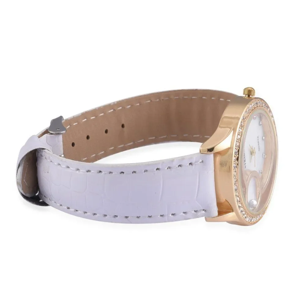 STRADA Watch White Austrian Crystal YG Plated